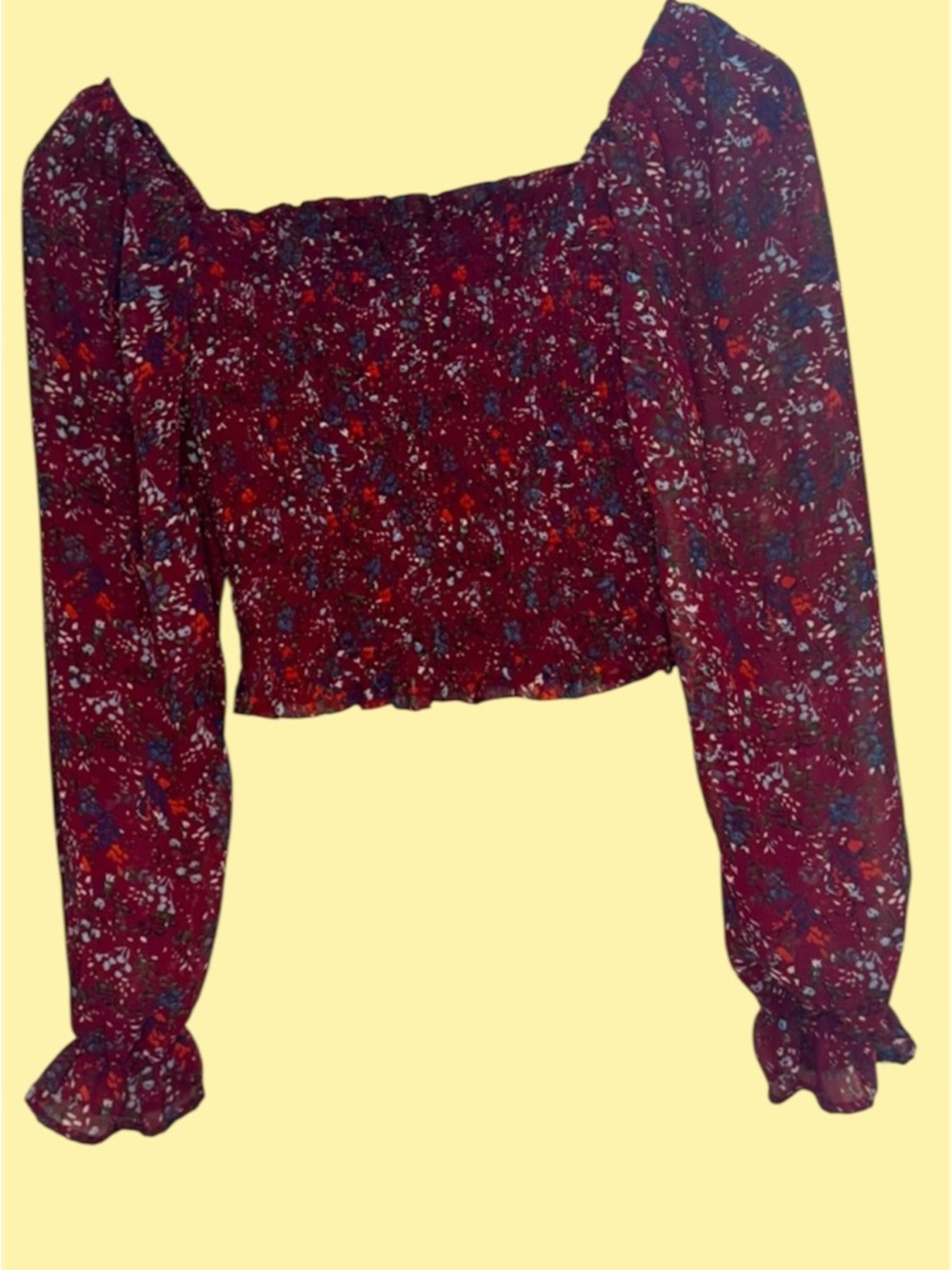 Japna Red Floral Smocked Square-Neck Blouse - Picture 3 of 4